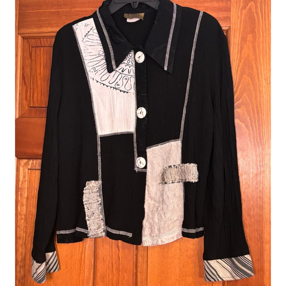 A. Spence Collections Patchwork Button Down Blouse Black White Artsy M - Picture 1 of 11